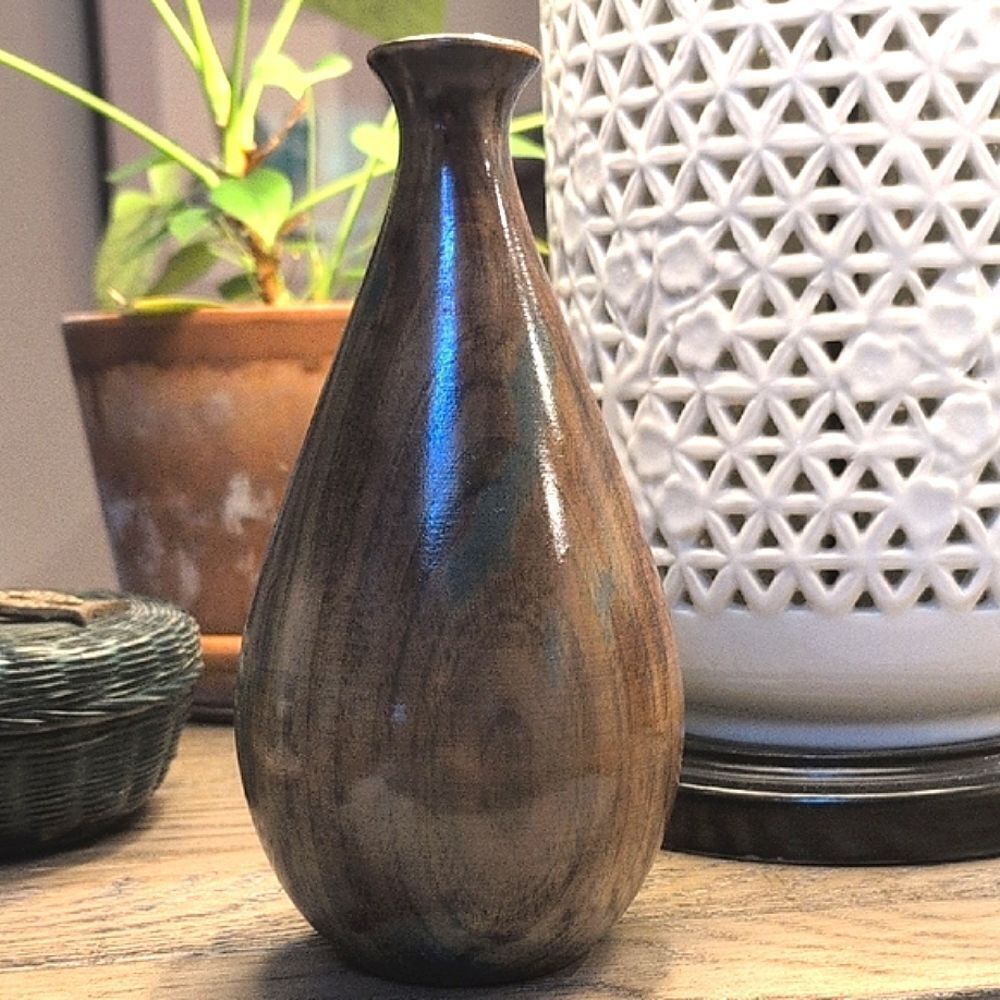 Hand Crafted Elegant Brown Wooden Vase With Green Accents